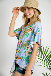 Women's Floral Ruffle Sleeve Tie Bottom Top