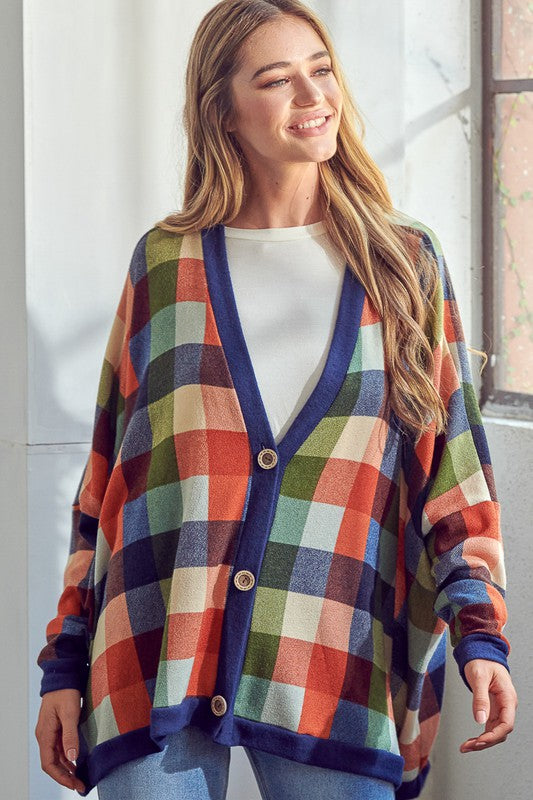 Women's Oversized Plaid Buttondown Cardigan