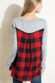 Women's Loose Fit Solid and Plaid Long Sleeve Top