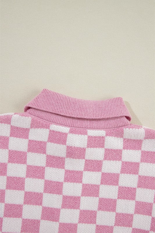 Checkered Buttons V Neck Drop Shoulder Sweater