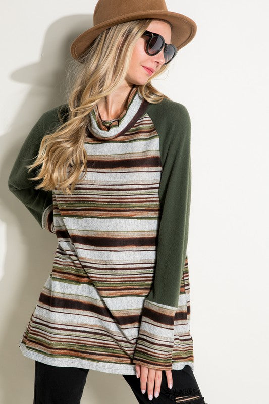 Women's Casual Multi Stripe Turtle Neck Tunic Top