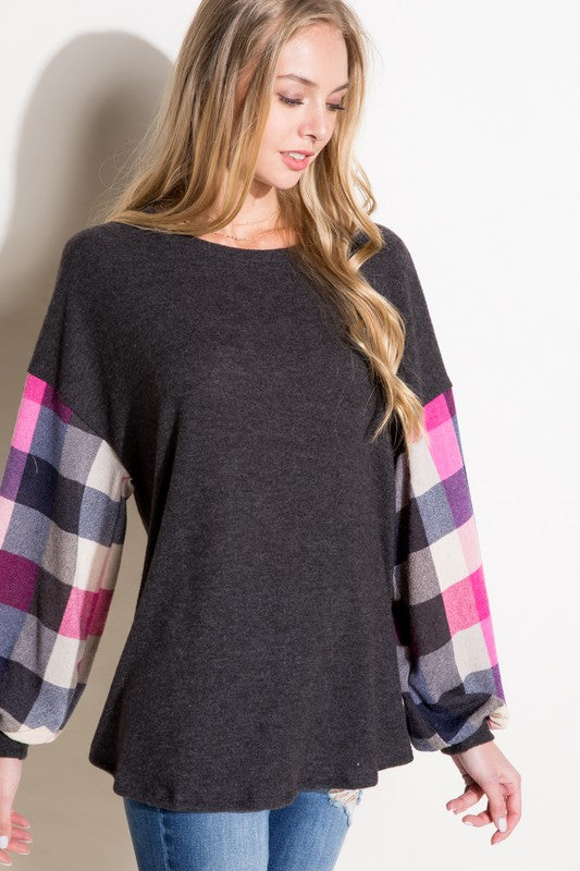 Women's Loose Fit Multi Plaid Long Sleeve Top