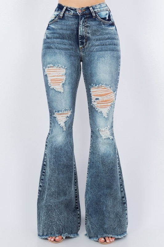 Women's High Rise Bell Bottom Jeans with Frayed Hem