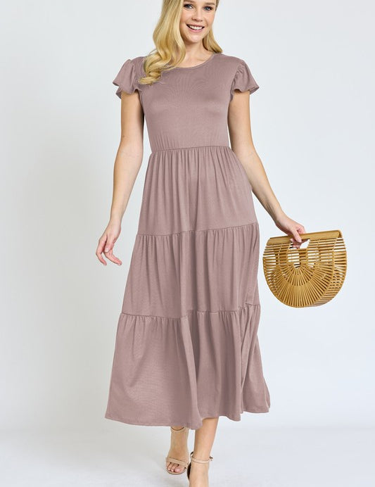 Women's Flutter Sleeve Tiered Tea Length Dress