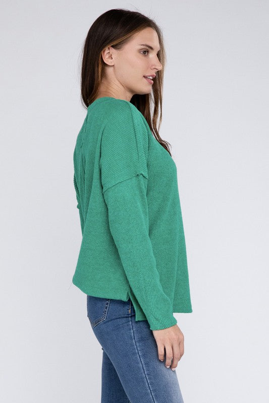 Women's Oversized Ribbed Melange Hacci Sweater with Pocket