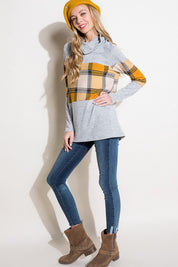 Women's Casual Loose Fit Plaid Mixed Turtle Neck Top