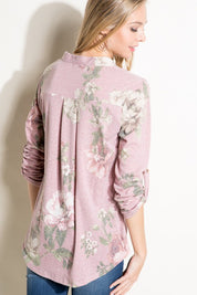 Women's Casual Floral Split Neck Long Sleeve Top