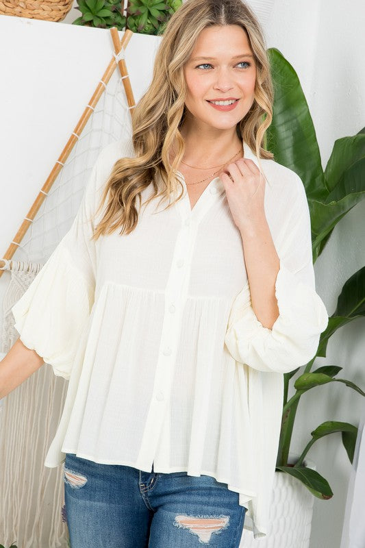 Women's Casual Solid Button Down Babydoll Blouse