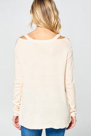 Women's Casual Loose Fit V Neck Cold Shoulder Sweater