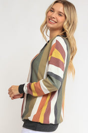 Women's Loose Fit Wide V Neck Stripe Sweatshirt