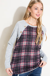 Women's Casual Plaid Mixed Button Detail Long Sleeve Top