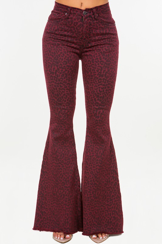 Women's High Rise Leopard Print Bell Bottom Jeans