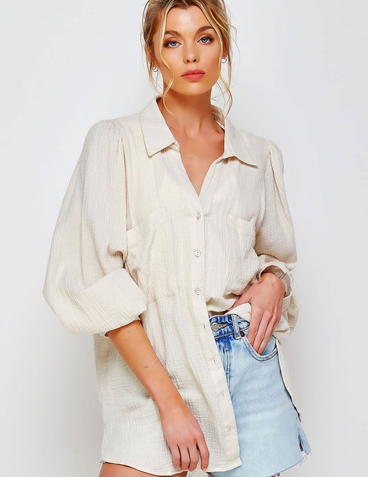 Women's Textured Gauze Button Down Blouse Top