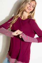 Plus Size Casual Pin Stripe Mixed Long Sleeve Top