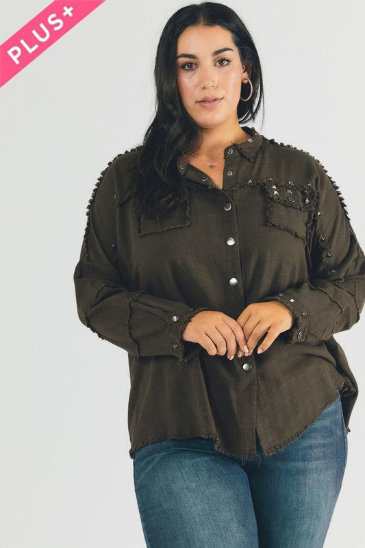 Plus Size Oversized Distressed Hem Button-Down Shirt