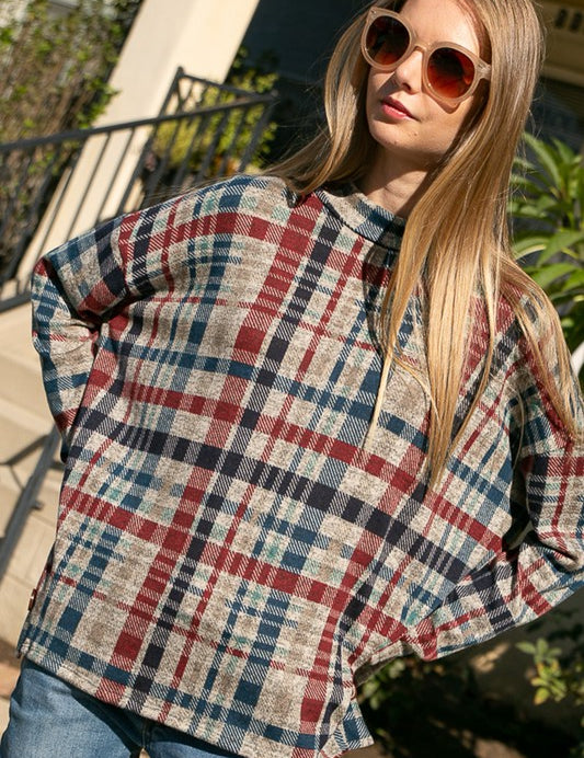 Women's Oversized Plaid Mock Neck Top with Side Buttons