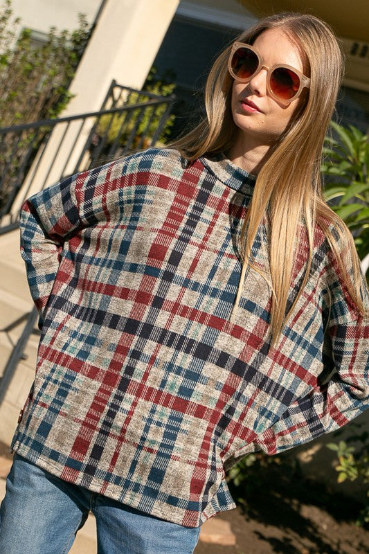 Women's Oversized Plaid Mock Neck Top with Side Buttons