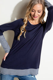 Plus Size Casual Pin Stripe Mixed Long Sleeve Top