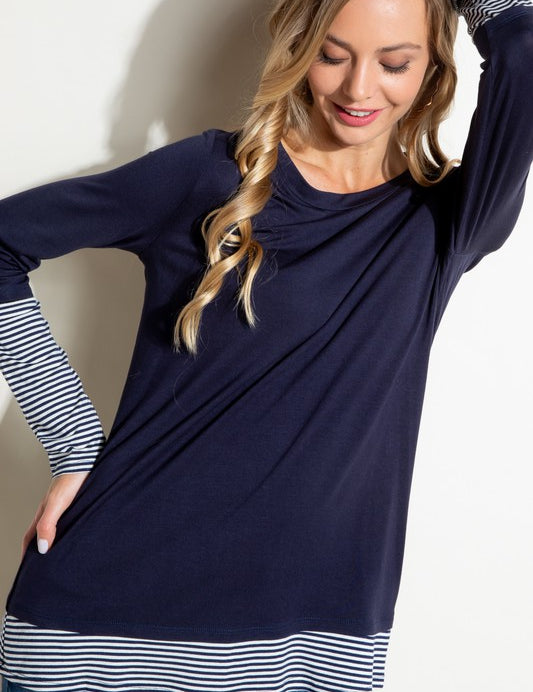 Plus Size Casual Pin Stripe Mixed Long Sleeve Top