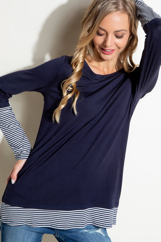 Plus Size Casual Pin Stripe Mixed Long Sleeve Top