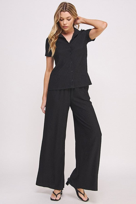 TEXTURED SHORT SLV BUTTON DOWN/WIDE LEG PANTS SET