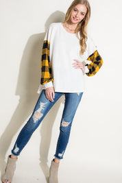 Women's Casual Long Sleeve Solid and Plaid Mixed Top