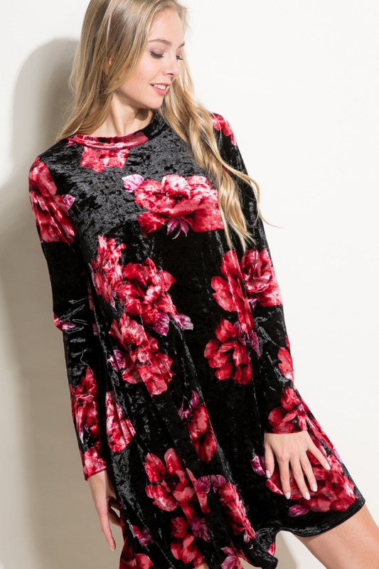 Women's Loose Fit Floral Print Velvet Swing Mini Dress