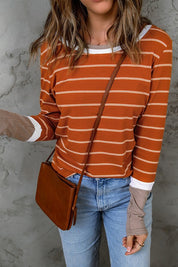 Women's Striped Rib Knit Pullover with Color Block Cuffs