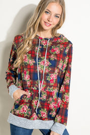 Women's Casual Plaid Floral Mix Hoodie Sweatshirt