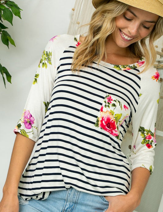 Women's Casual Stripe Floral Print Pocket Top