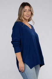 Women's Plus Oversized V-Neck Garment Dyed Sweater