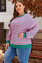 Plus Size Women's Pink Stripe Waffle Knit Sweatshirt