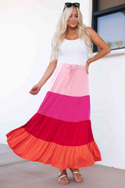 Women's Casual Color Block Tiered Maxi Skirt