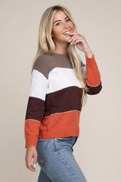 Women's Long Sleeve Round Neck Striped Knit Top