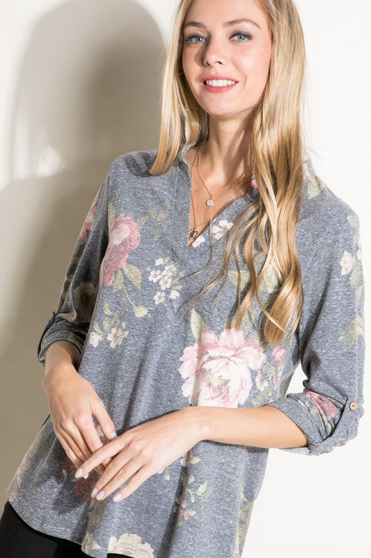 Women's Casual Floral Split Neck Long Sleeve Top