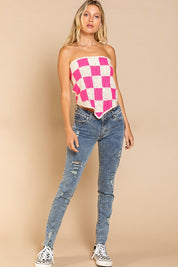 Women's Fitted Checkerboard Tube Top Sweater