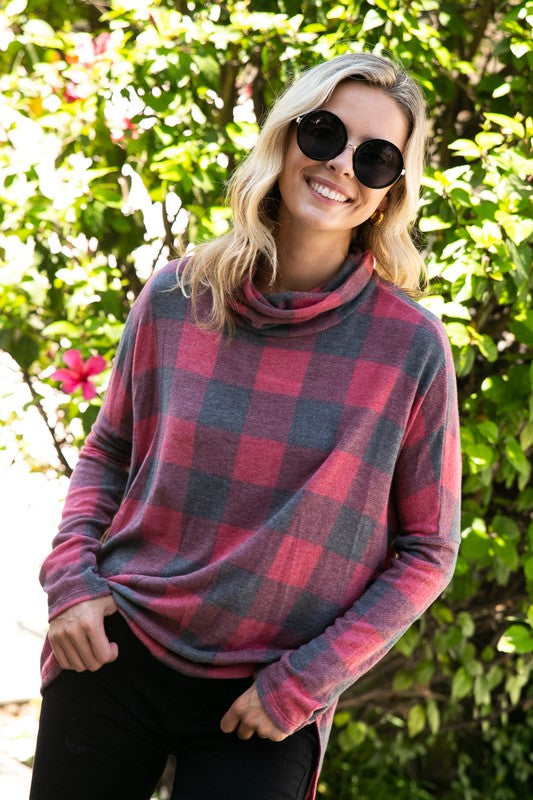 Women's Plus Plaid Turtle Neck Boxy Top