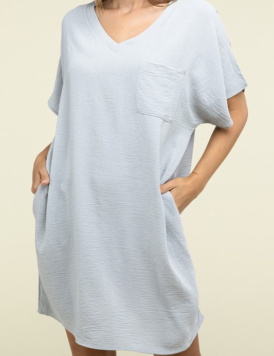 Women's Casual Relaxed V-Neck T-Shirt Dress with Pockets