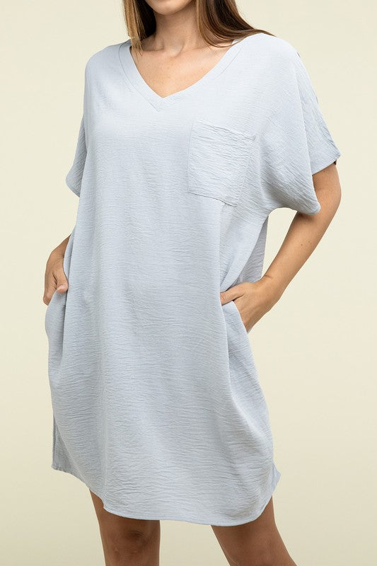 Women's Casual Relaxed V-Neck T-Shirt Dress with Pockets