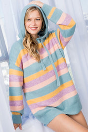 Women's Oversized Multi Stripe Pullover Hoodie Sweater