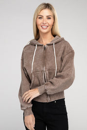 Women's Relaxed Fit Acid Wash Fleece Cropped Zip-Up Hoodie