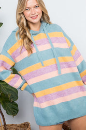 Women's Oversized Multi Stripe Pullover Hoodie Sweater