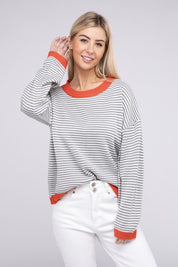 Women's Contrast Trimmed Striped Pullover Knit