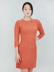 Cable Knit Round Neck 3/4 Slvs Mini Sweater Dress