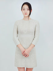 Cable Knit Round Neck 3/4 Slvs Mini Sweater Dress