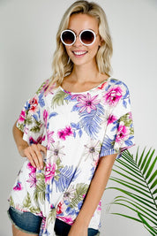 Women's Floral Ruffle Sleeve Tie Bottom Top