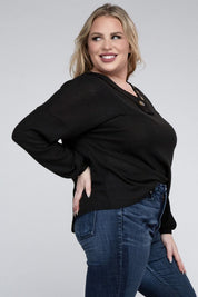 Plus Size Oversized Waffle Knit V-Neck Button Sweater