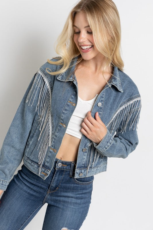 Women's Loose Fit Crop Denim Jacket with Rhinestone Fringe