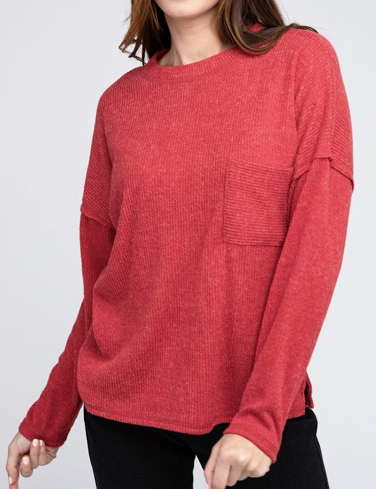 Ribbed Brushed Melange Hacci Sweater with a Pocket