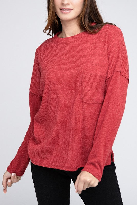 Women's Oversized Ribbed Melange Hacci Sweater with Pocket